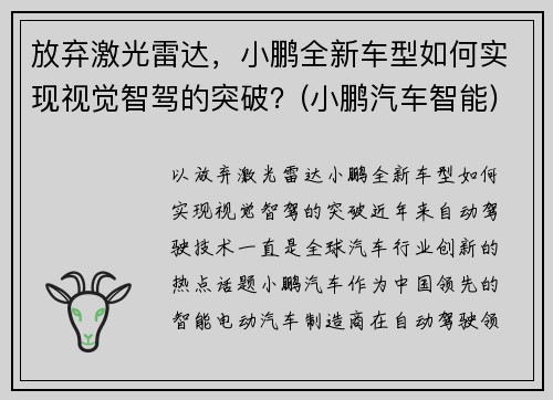 放弃激光雷达，小鹏全新车型如何实现视觉智驾的突破？(小鹏汽车智能)