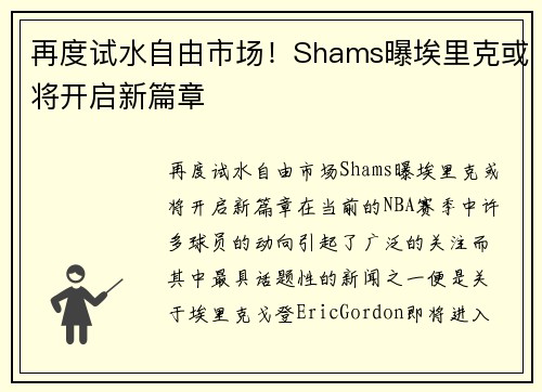 再度试水自由市场！Shams曝埃里克或将开启新篇章