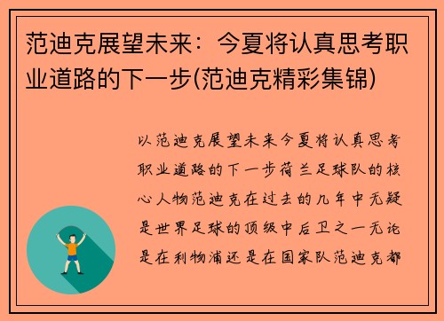 范迪克展望未来：今夏将认真思考职业道路的下一步(范迪克精彩集锦)